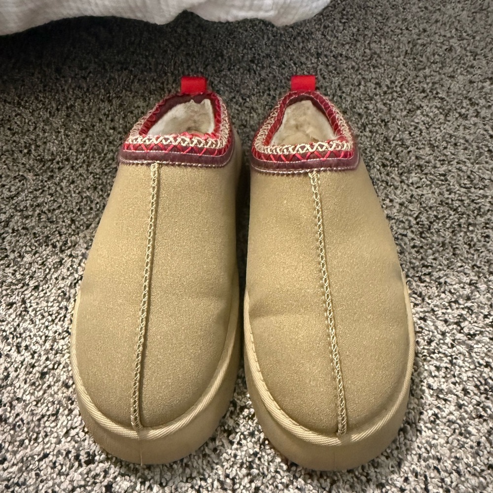 Cozy Tan Slippers with Red Trim